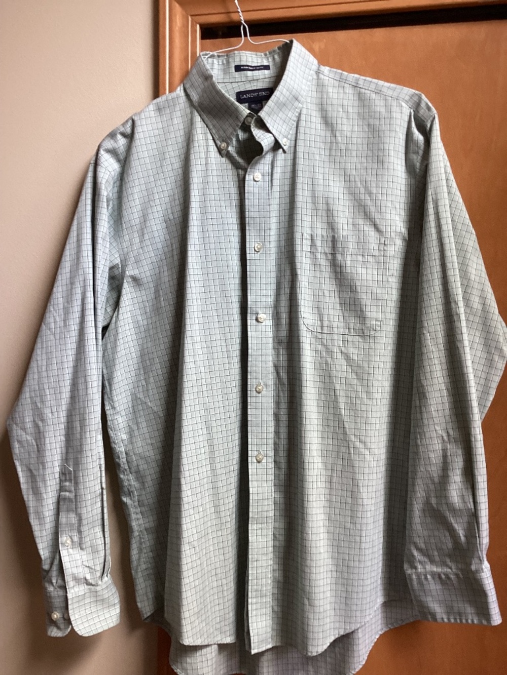 Lands End Light Green Check Mens Button Down Long Sleeve Shirt